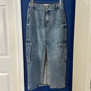 Juniors Love Fire Skirt Blue Denim Front Slit Straight Cargo Pockets Skirt Sz 5